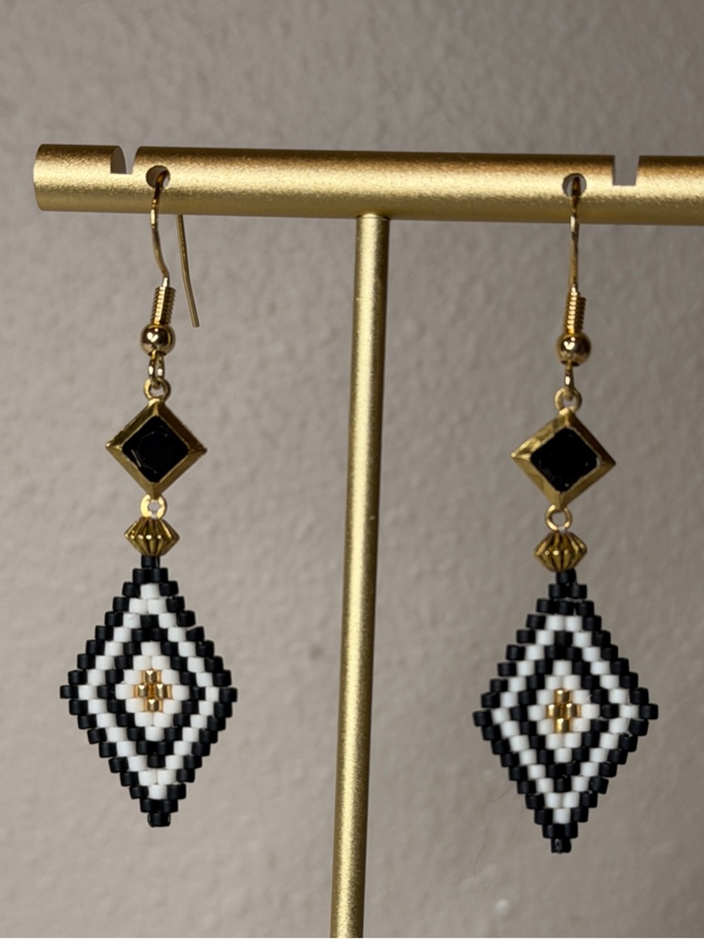 Art Deco Black & Gold Beaded Earrings | Geometric Statement Dangles - Picture 5 of 7